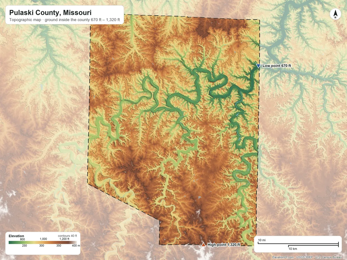 Topographic elevation map of Pulaski County, Missouri, shaded from 670 ft on the northeast side to 1,320 ft on the south side