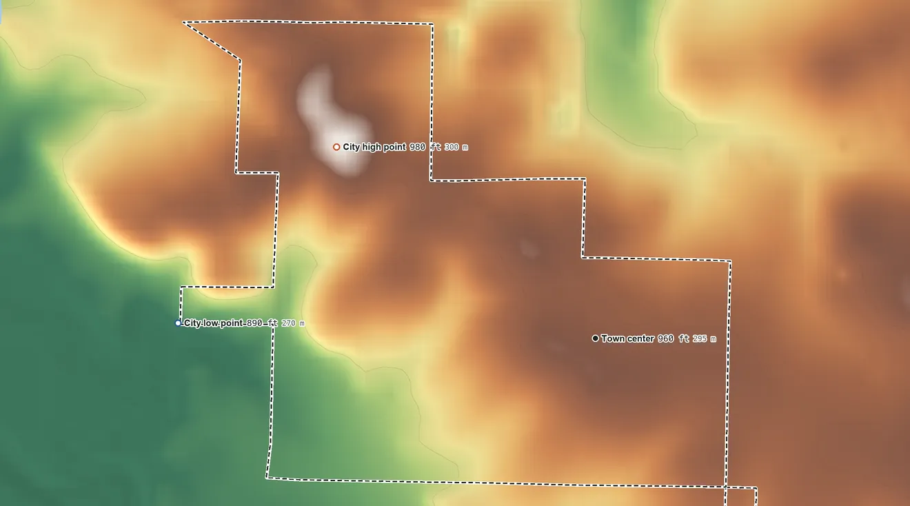 Topographic elevation map of Purcell, Missouri, shaded from 890 ft on the west side to 980 ft on the northwest side