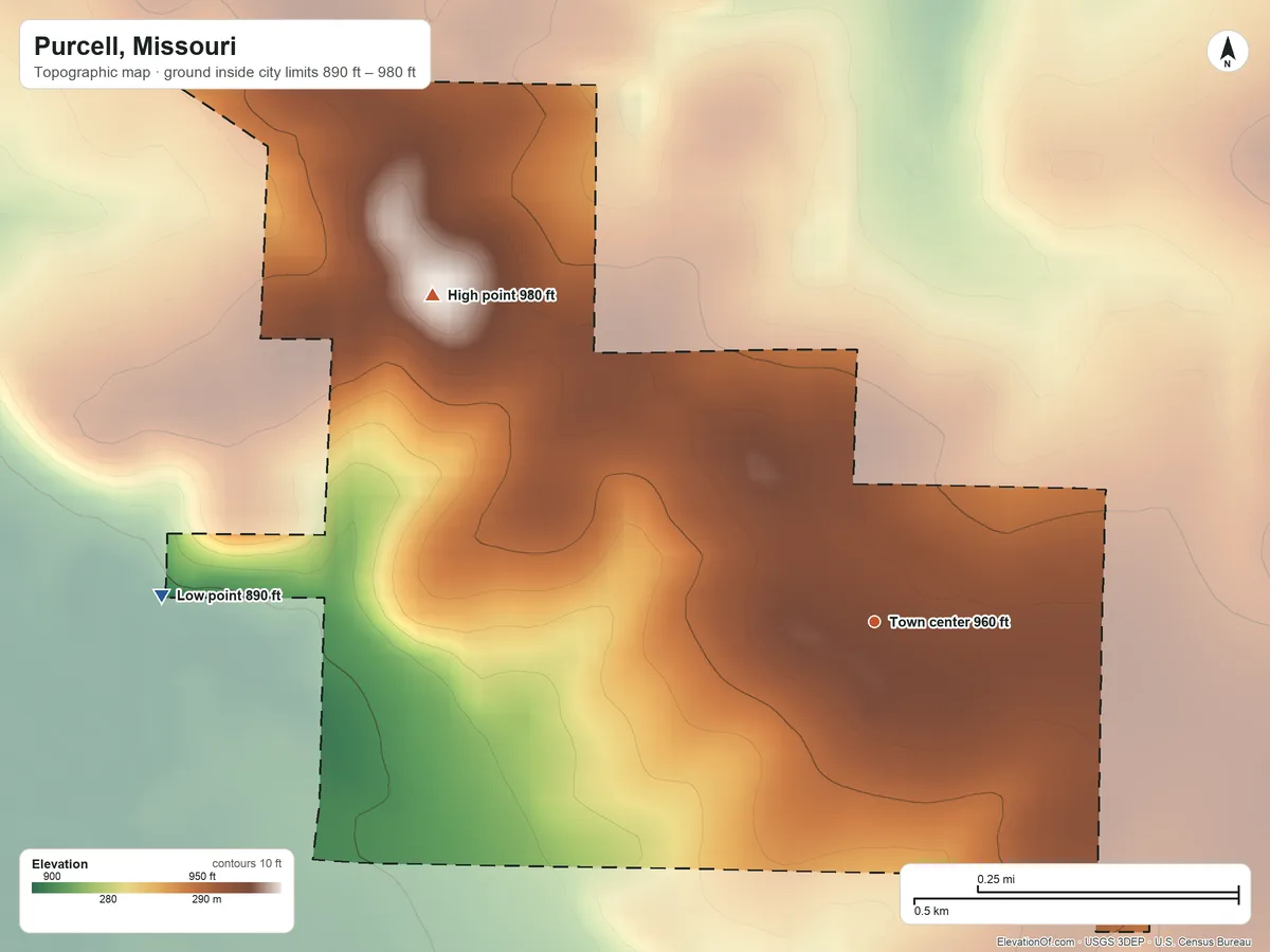 Topographic elevation map of Purcell, Missouri, shaded from 890 ft on the west side to 980 ft on the northwest side