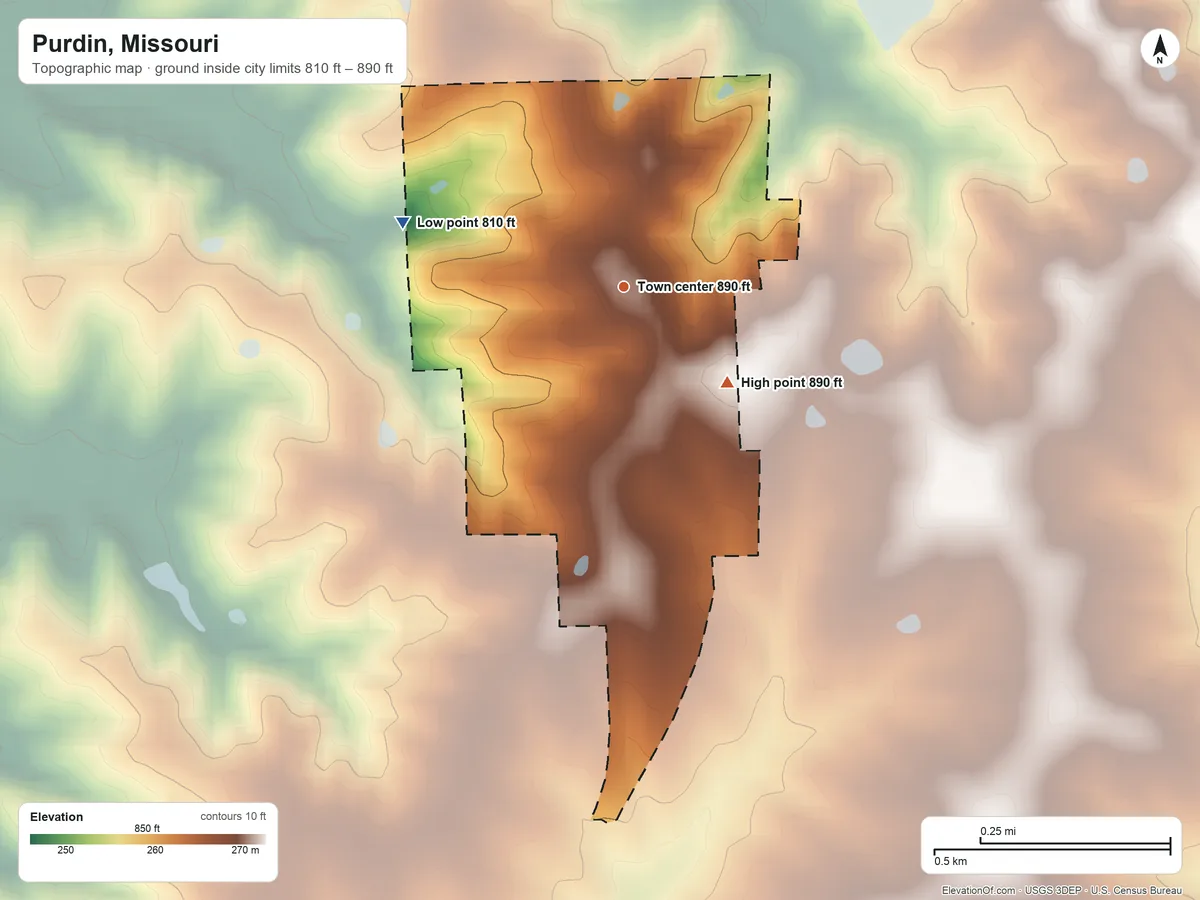Topographic elevation map of Purdin, Missouri, shaded from 810 ft on the west side to 890 ft on the southeast side