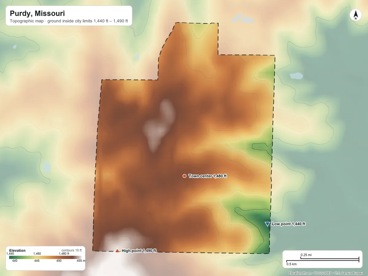 Topographic elevation map of Purdy, Missouri, shaded from 1,440 ft on the southeast side to 1,490 ft on the southwest side