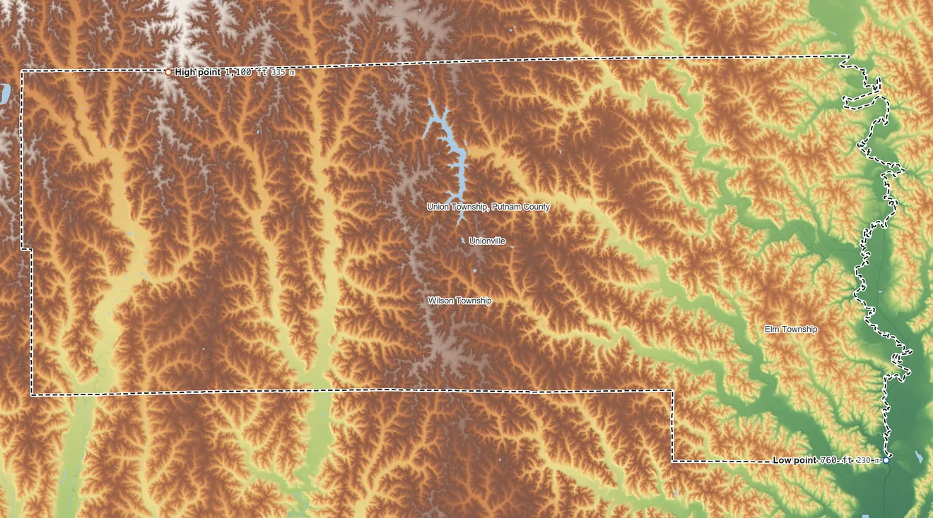 Topographic elevation map of Putnam County, Missouri, shaded from 760 ft on the southeast side to 1,100 ft on the northwest side