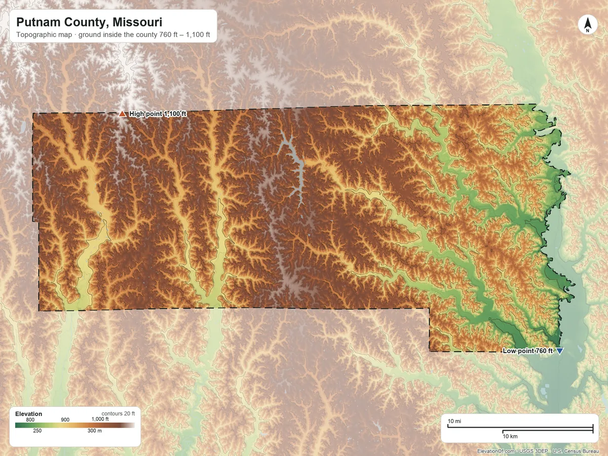Topographic elevation map of Putnam County, Missouri, shaded from 760 ft on the southeast side to 1,100 ft on the northwest side