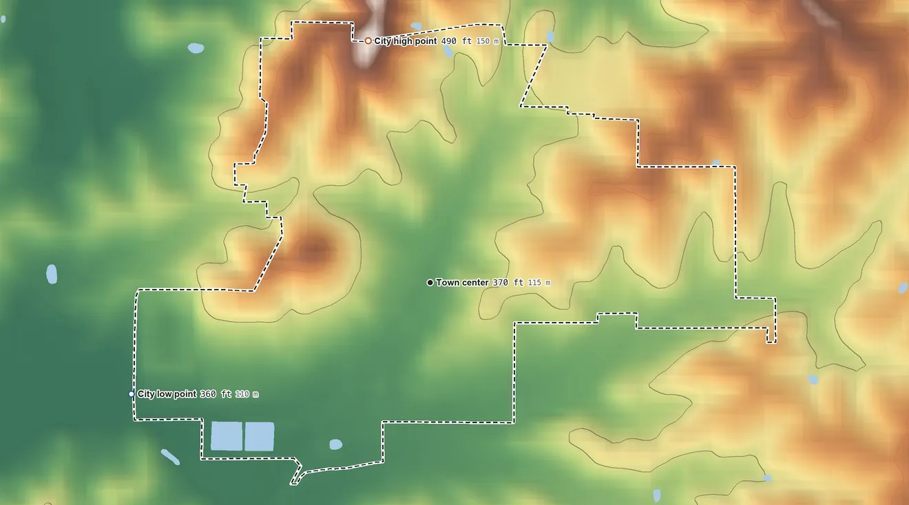 Topographic elevation map of Puxico, Missouri, shaded from 360 ft on the west side to 490 ft on the north side