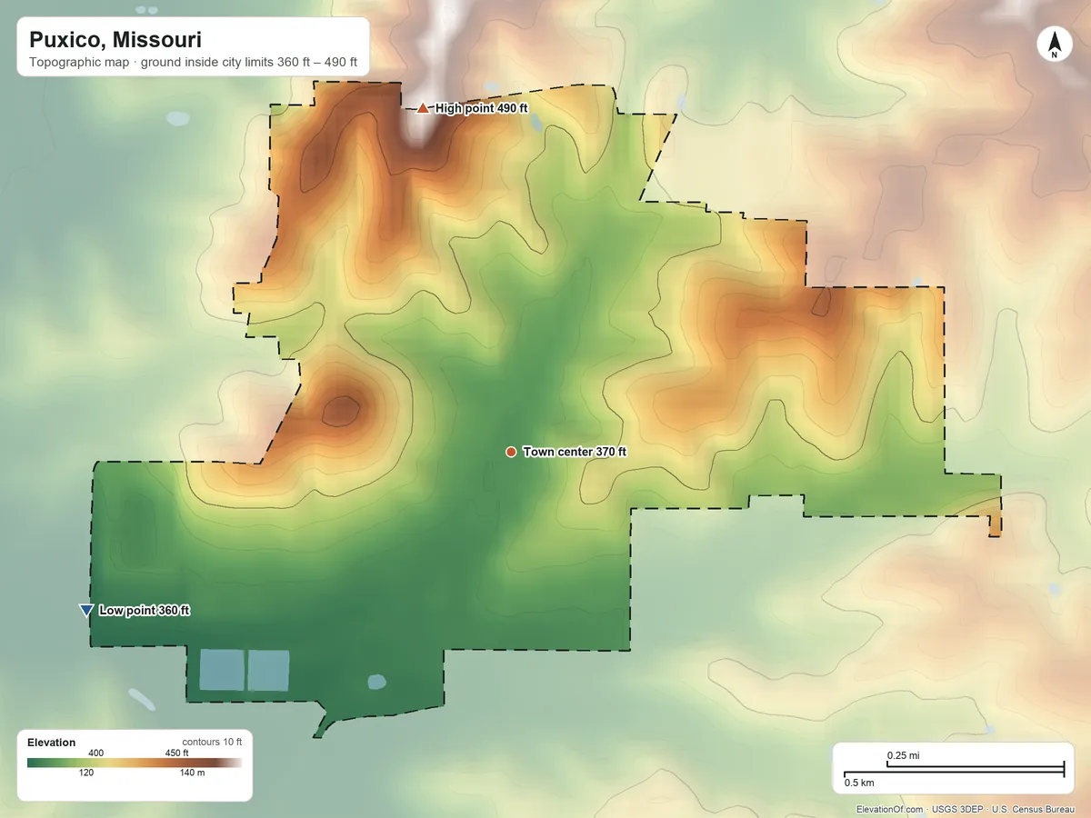 Topographic elevation map of Puxico, Missouri, shaded from 360 ft on the west side to 490 ft on the north side