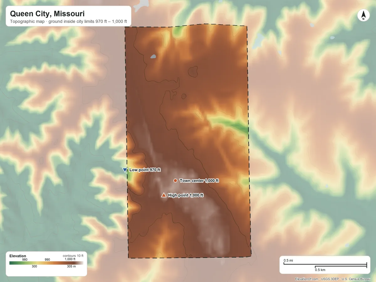 Topographic elevation map of Queen City, Missouri, shaded from 970 ft on the west side to 1,000 ft near the middle