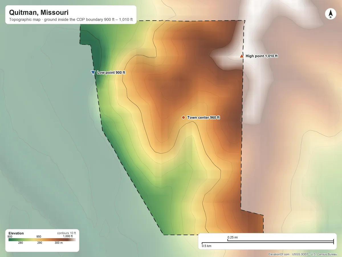Topographic elevation map of Quitman, Missouri, shaded from 900 ft on the northwest side to 1,010 ft on the northeast side