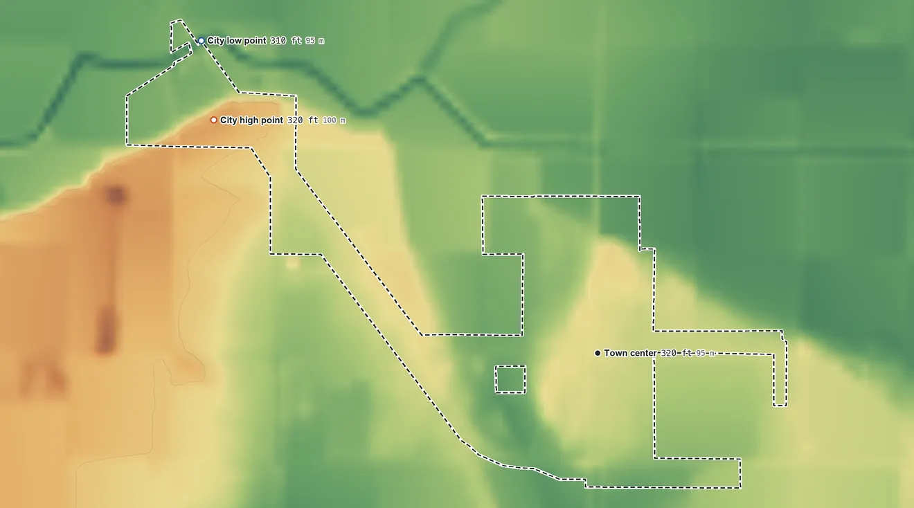 Topographic elevation map of Qulin, Missouri, shaded from 310 ft on the northwest side to 320 ft on the northwest side