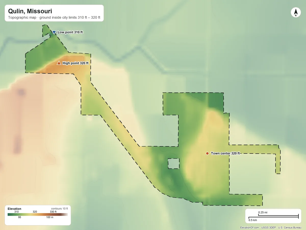 Topographic elevation map of Qulin, Missouri, shaded from 310 ft on the northwest side to 320 ft on the northwest side