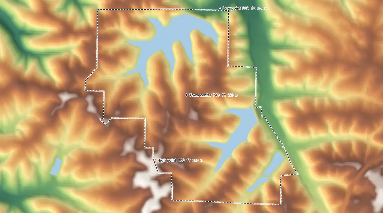 Topographic elevation map of Raintree Plantation, Missouri, shaded from 560 ft on the north side to 800 ft on the southwest side