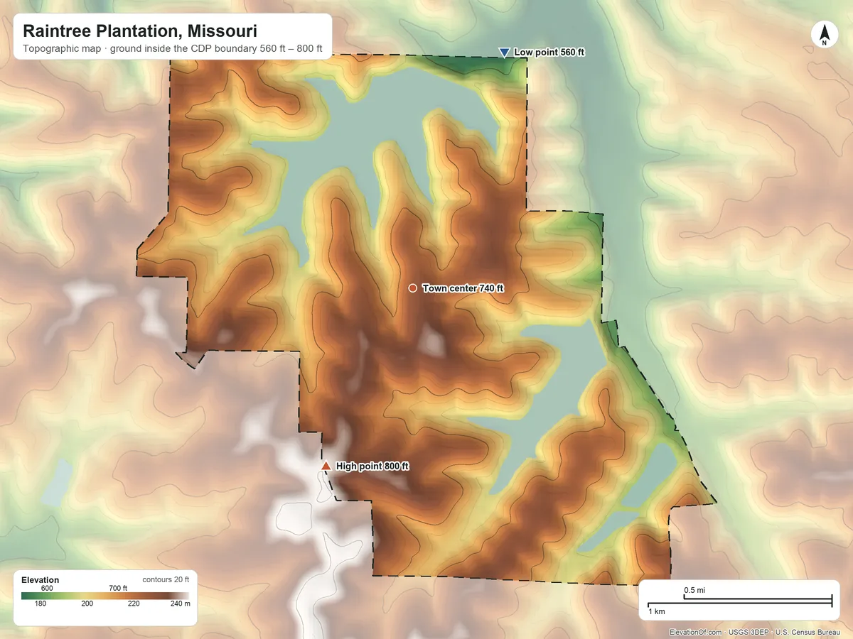 Topographic elevation map of Raintree Plantation, Missouri, shaded from 560 ft on the north side to 800 ft on the southwest side