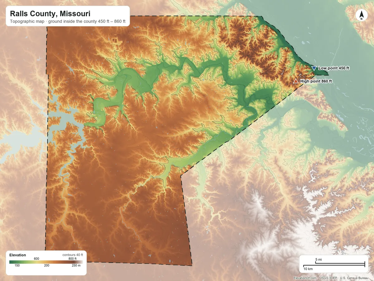 Topographic elevation map of Ralls County, Missouri, shaded from 450 ft on the northeast side to 860 ft on the northeast side