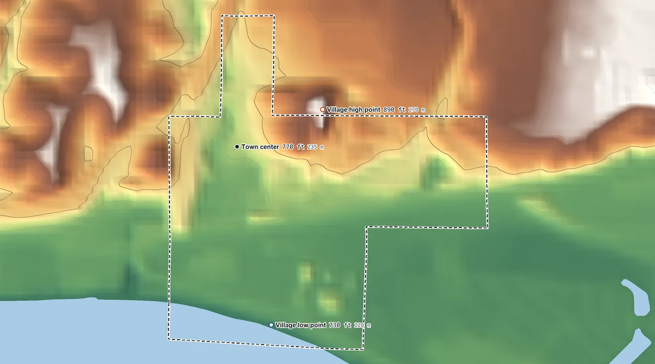 Topographic elevation map of Randolph, Missouri, shaded from 730 ft on the south side to 890 ft on the northeast side