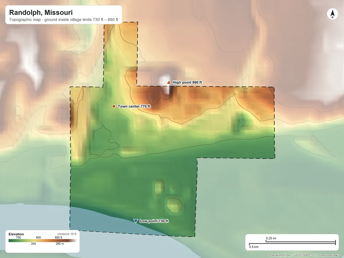 Topographic elevation map of Randolph, Missouri, shaded from 730 ft on the south side to 890 ft on the northeast side