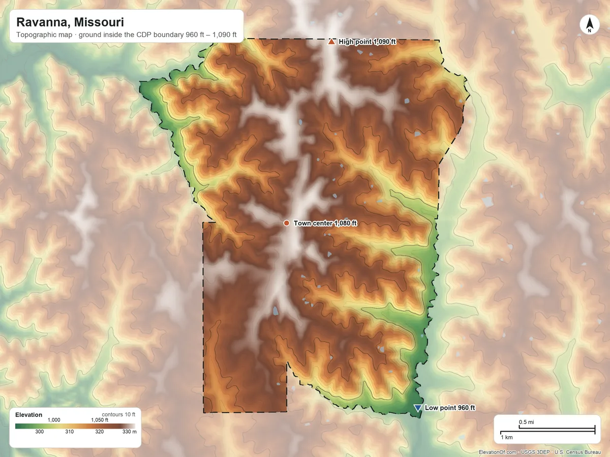 Topographic elevation map of Ravanna, Missouri, shaded from 960 ft on the southeast side to 1,090 ft on the north side