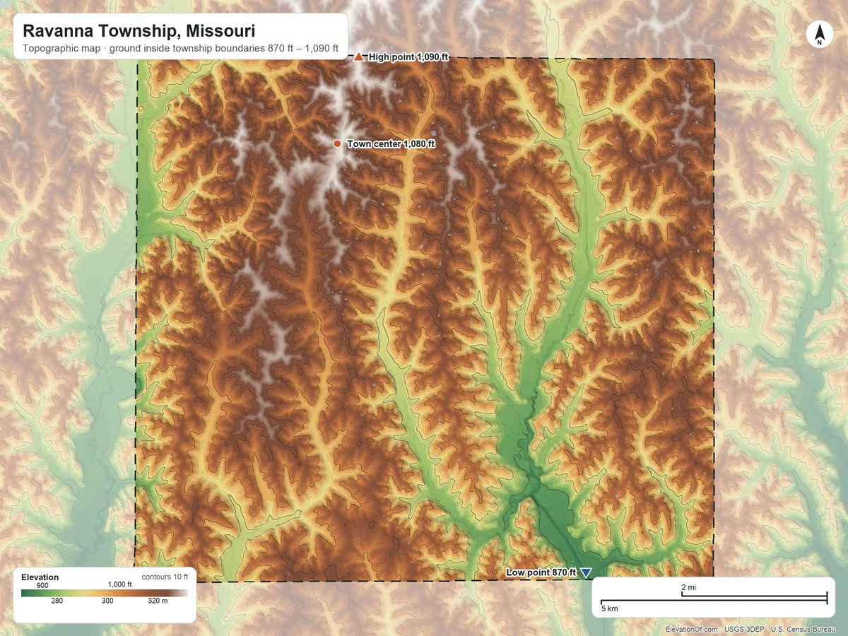 Topographic elevation map of Ravanna Township, Missouri, shaded from 870 ft on the southeast side to 1,090 ft on the north side