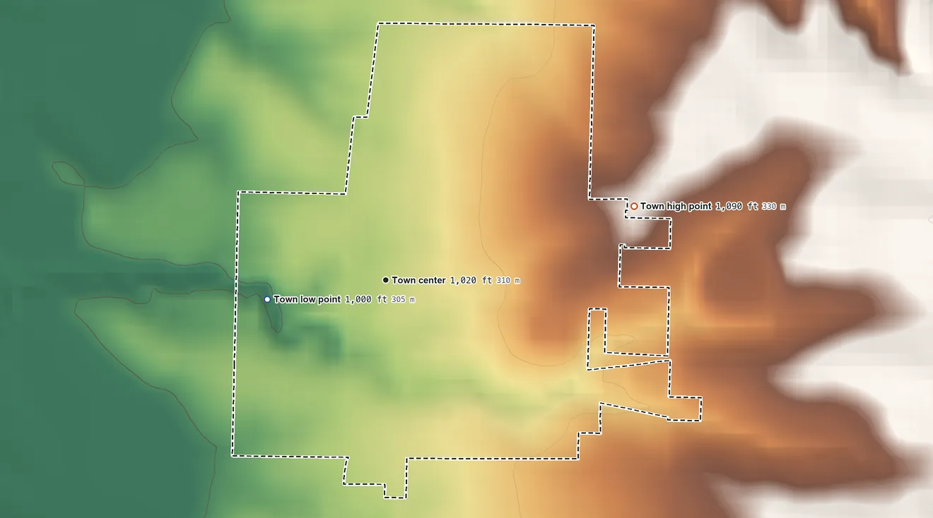Topographic elevation map of Ravenwood, Missouri, shaded from 1,000 ft on the west side to 1,090 ft on the east side