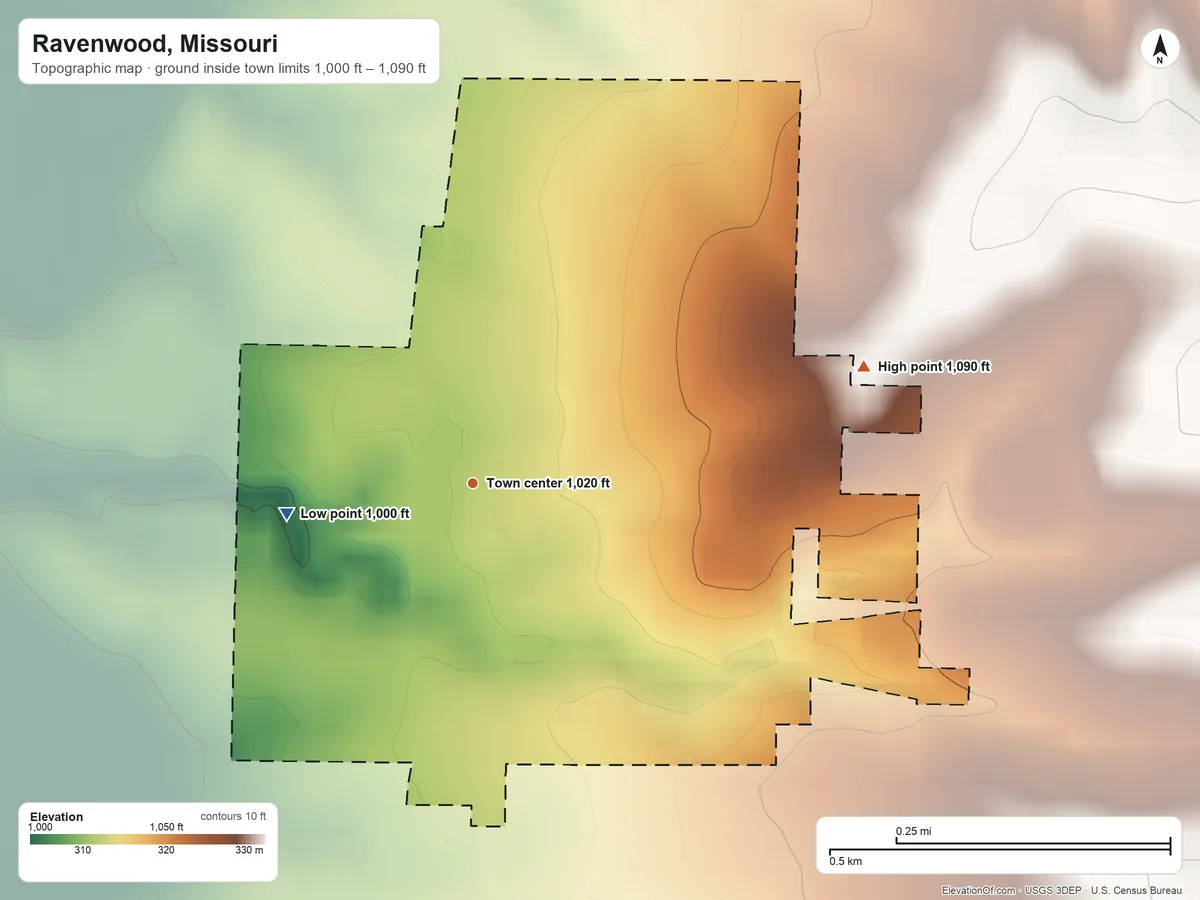Topographic elevation map of Ravenwood, Missouri, shaded from 1,000 ft on the west side to 1,090 ft on the east side