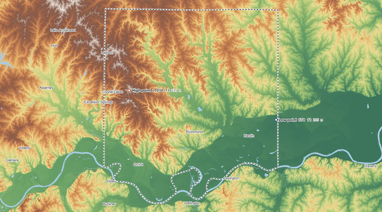 Topographic elevation map of Ray County, Missouri, shaded from 670 ft on the east side to 1,090 ft on the west side