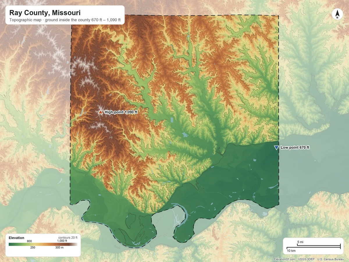 Topographic elevation map of Ray County, Missouri, shaded from 670 ft on the east side to 1,090 ft on the west side