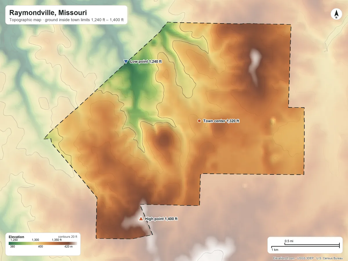 Topographic elevation map of Raymondville, Missouri, shaded from 1,240 ft on the northwest side to 1,400 ft on the southwest side