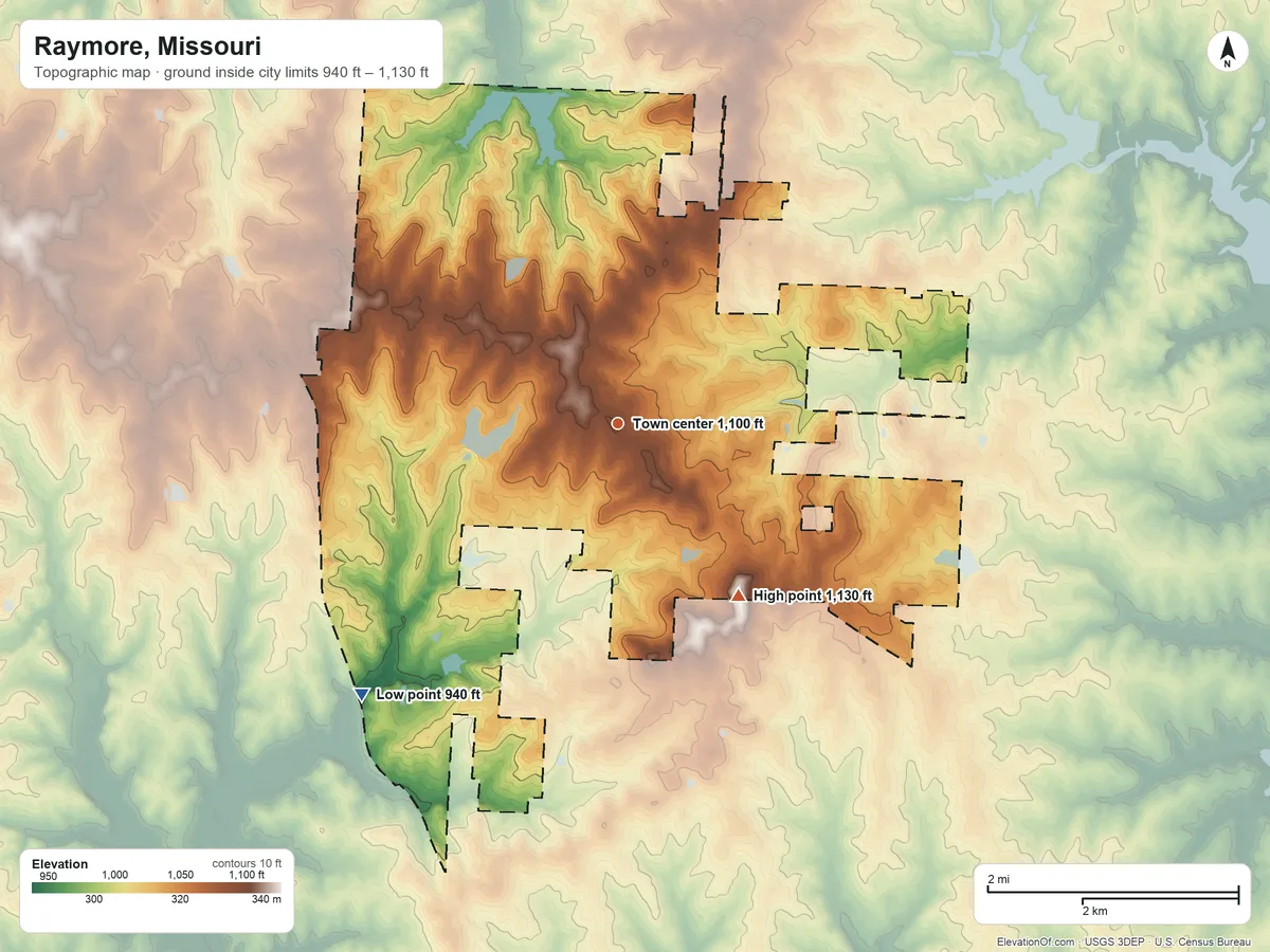Topographic elevation map of Raymore, Missouri, shaded from 940 ft on the southwest side to 1,130 ft on Miller Hill