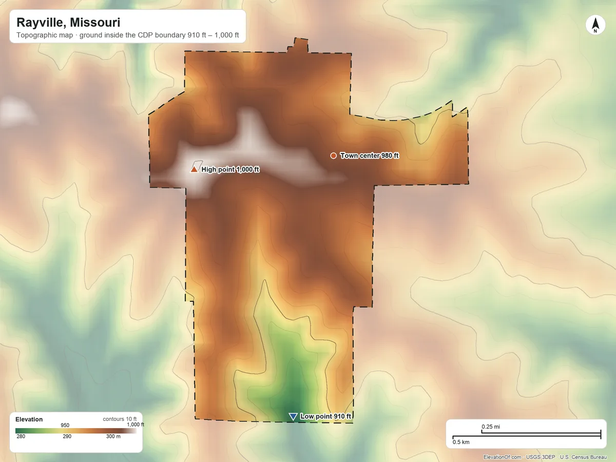 Topographic elevation map of Rayville, Missouri, shaded from 910 ft on the south side to 1,000 ft on the west side