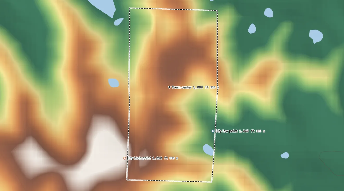Topographic elevation map of Rea, Missouri, shaded from 1,040 ft on the southeast side to 1,090 ft on the southwest side