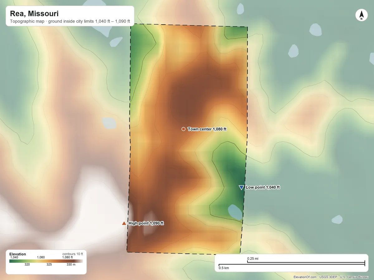 Topographic elevation map of Rea, Missouri, shaded from 1,040 ft on the southeast side to 1,090 ft on the southwest side