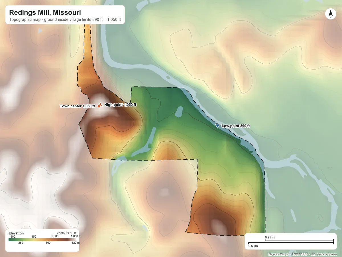 Topographic elevation map of Redings Mill, Missouri, shaded from 890 ft on the east side to 1,050 ft near the middle