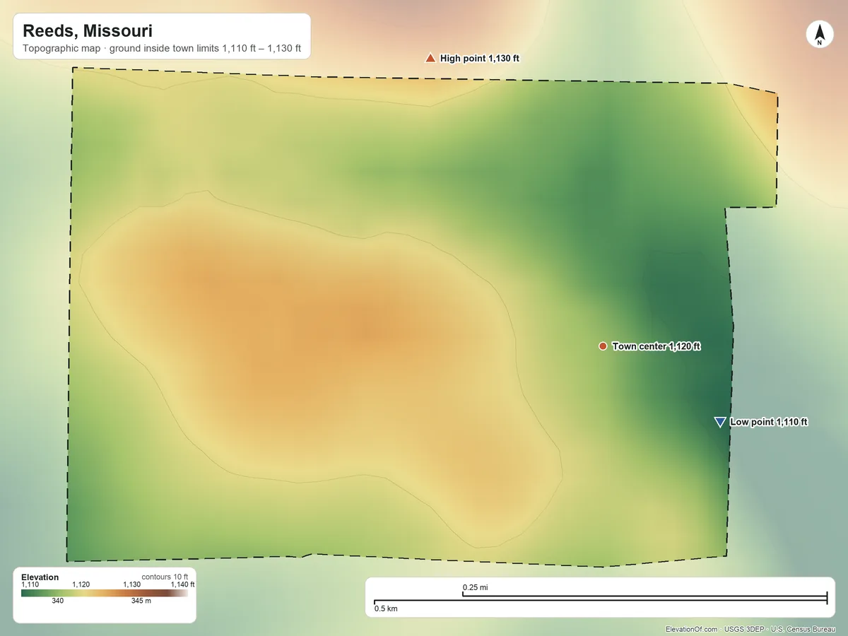 Topographic elevation map of Reeds, Missouri, shaded from 1,110 ft on the southeast side to 1,130 ft on the northwest side