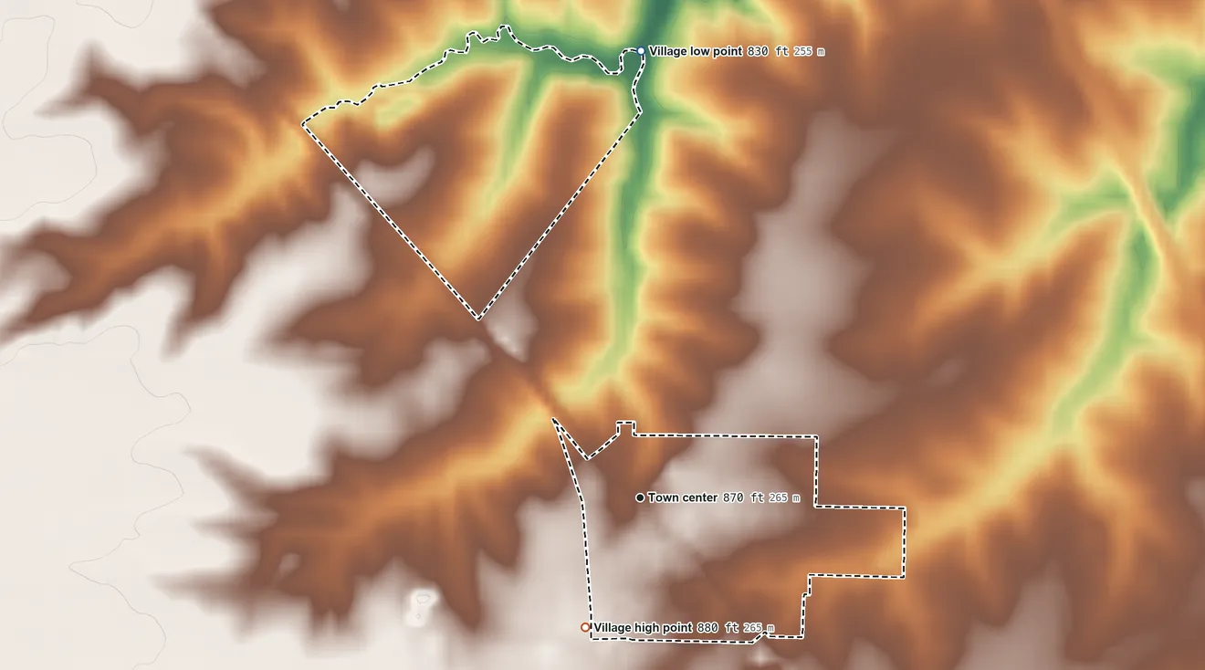 Topographic elevation map of Renick, Missouri, shaded from 830 ft on the north side to 880 ft on the southwest side