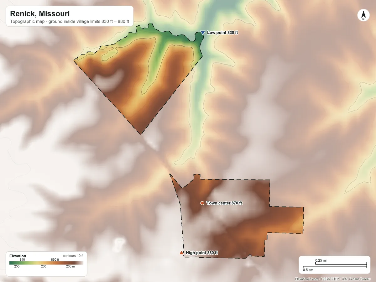 Topographic elevation map of Renick, Missouri, shaded from 830 ft on the north side to 880 ft on the southwest side