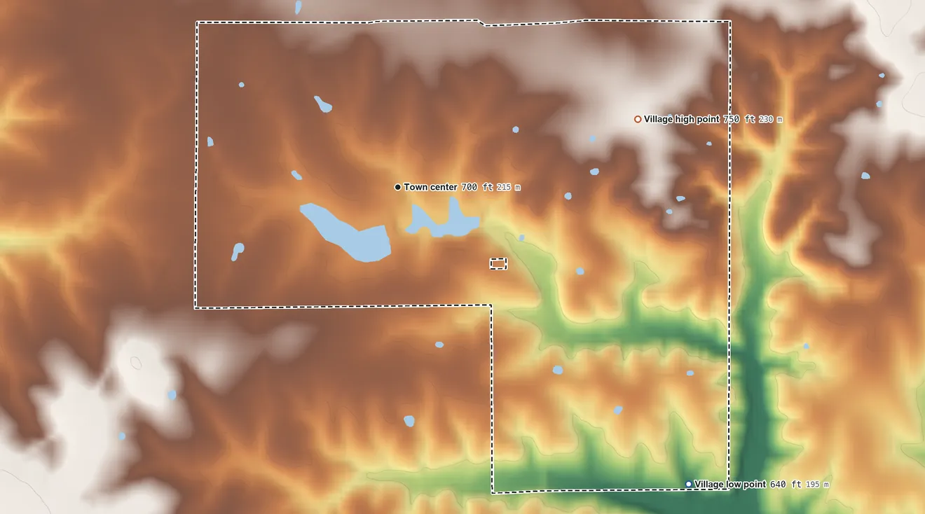 Topographic elevation map of Rensselaer, Missouri, shaded from 640 ft on the southeast side to 750 ft on the east side