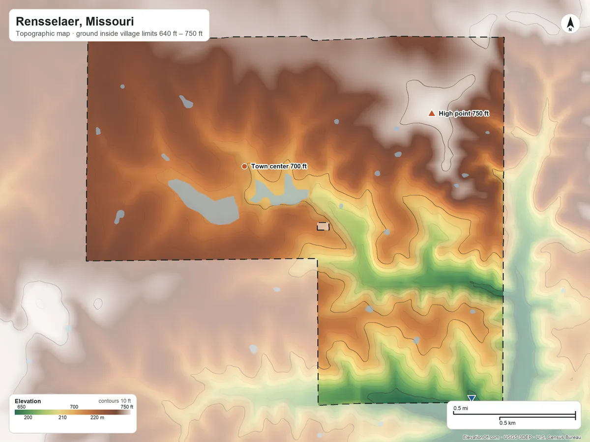 Topographic elevation map of Rensselaer, Missouri, shaded from 640 ft on the southeast side to 750 ft on the east side