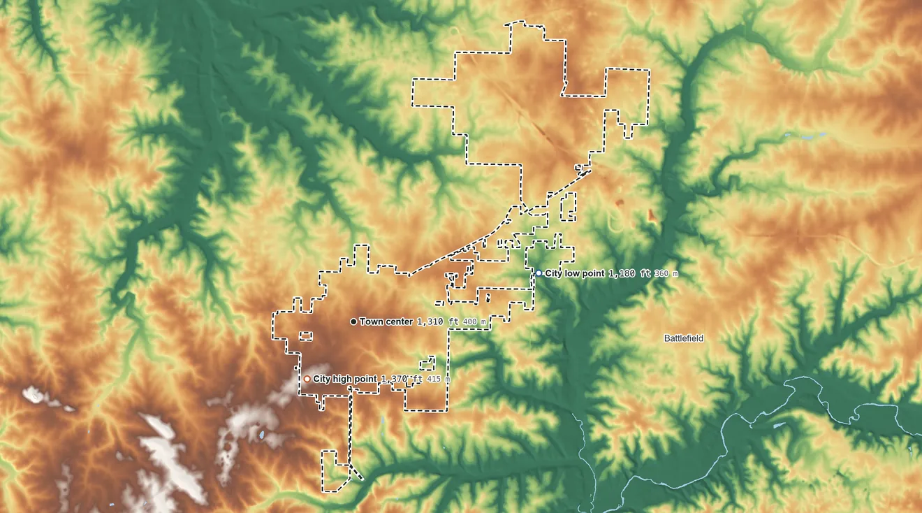 Topographic elevation map of Republic, Missouri, shaded from 1,180 ft on the east side to 1,370 ft on the southwest side