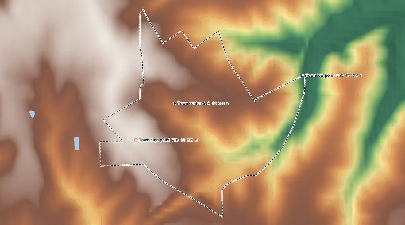 Topographic elevation map of Revere, Missouri, shaded from 650 ft on the east side to 710 ft on the southwest side