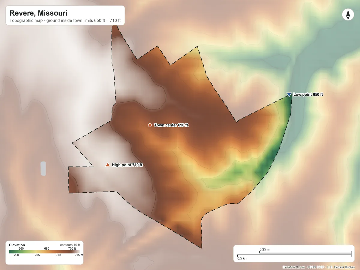 Topographic elevation map of Revere, Missouri, shaded from 650 ft on the east side to 710 ft on the southwest side