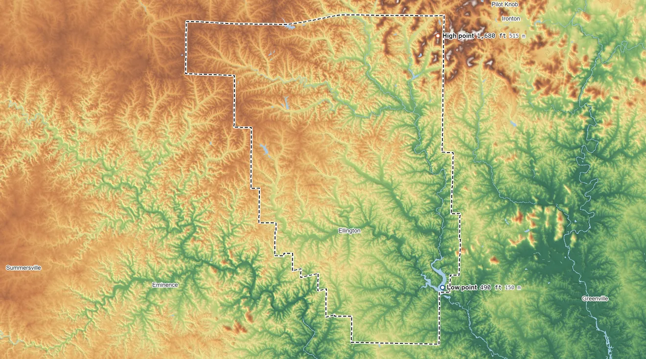 Topographic elevation map of Reynolds County, Missouri, shaded from 490 ft on the southeast side to 1,680 ft on the northeast side
