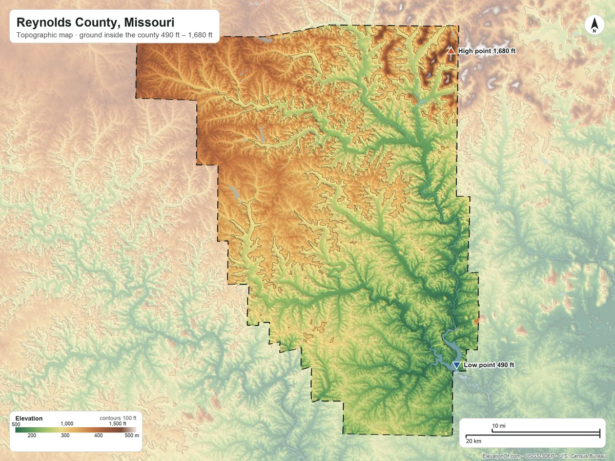 Topographic elevation map of Reynolds County, Missouri, shaded from 490 ft on the southeast side to 1,680 ft on the northeast side