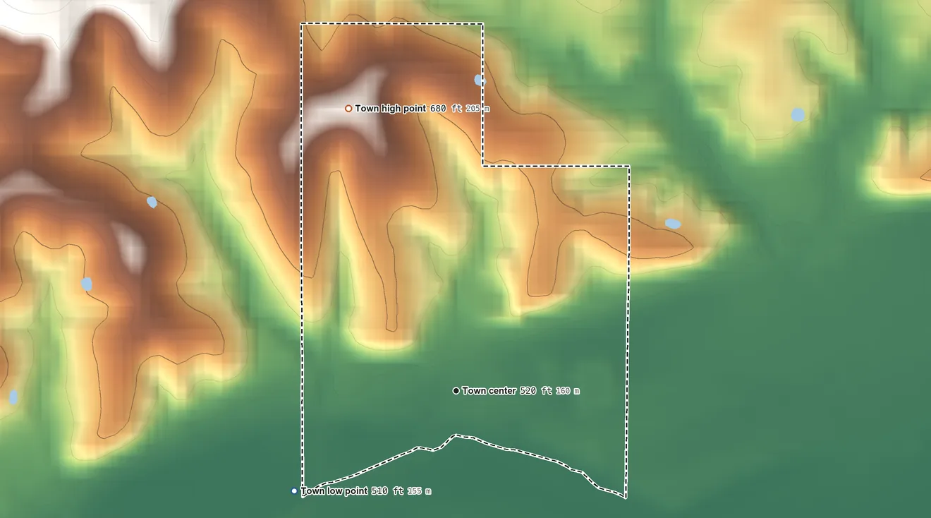 Topographic elevation map of Rhineland, Missouri, shaded from 510 ft on the southwest side to 680 ft on the north side