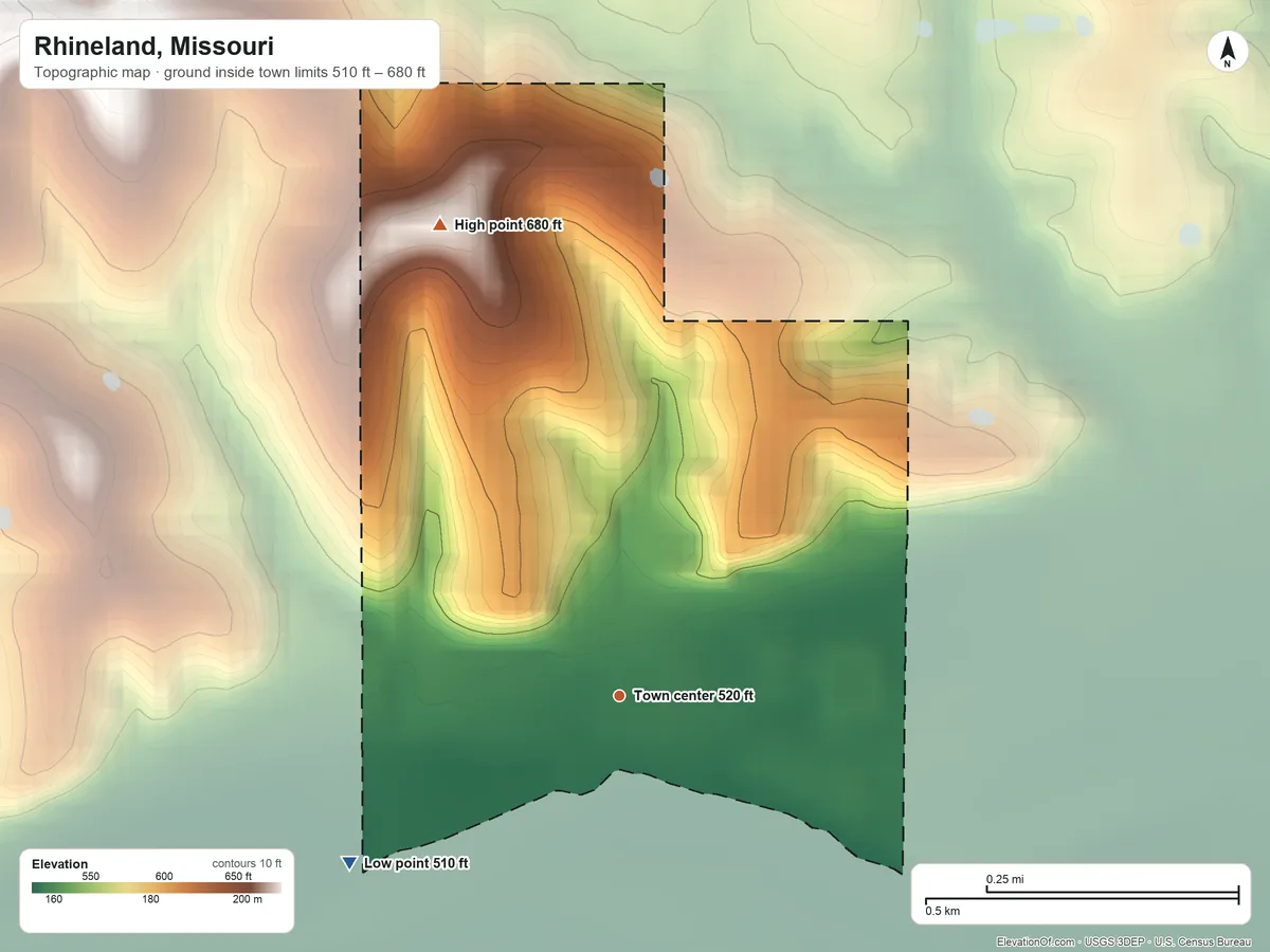 Topographic elevation map of Rhineland, Missouri, shaded from 510 ft on the southwest side to 680 ft on the north side