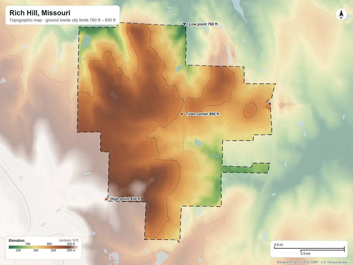 Topographic elevation map of Rich Hill, Missouri, shaded from 760 ft on the north side to 830 ft on the southwest side