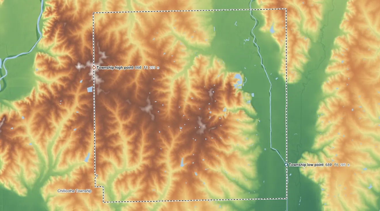Topographic elevation map of Rich Hill Township, Missouri, shaded from 680 ft on the east side to 860 ft on the northwest side