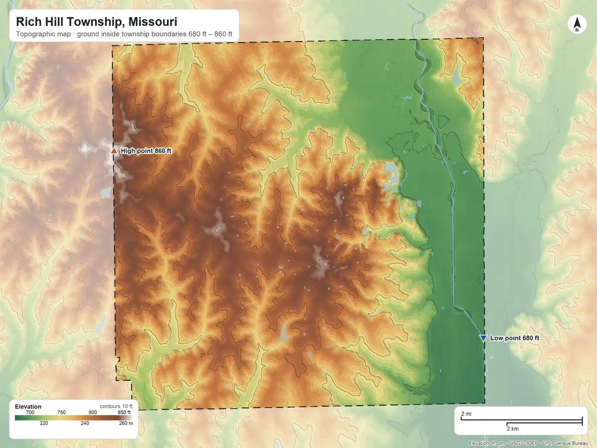 Topographic elevation map of Rich Hill Township, Missouri, shaded from 680 ft on the east side to 860 ft on the northwest side