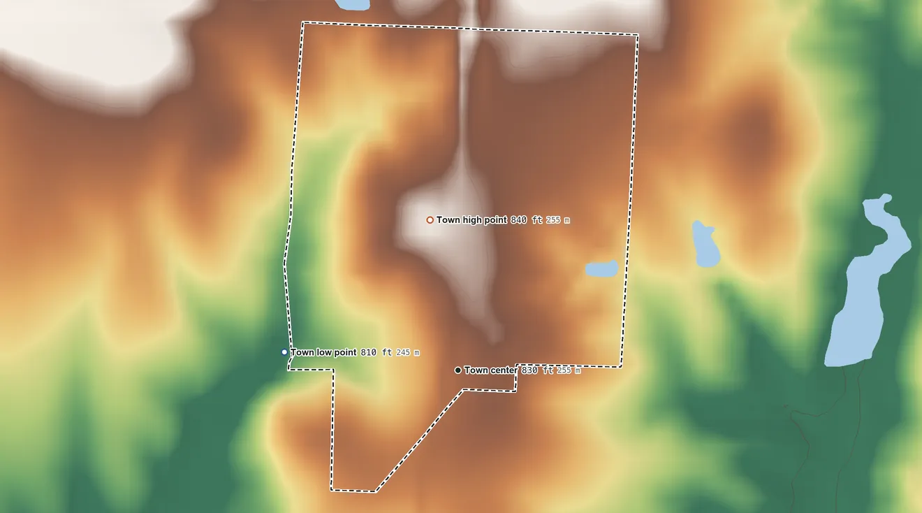 Topographic elevation map of Richards, Missouri, shaded from 810 ft on the west side to 840 ft on the north side