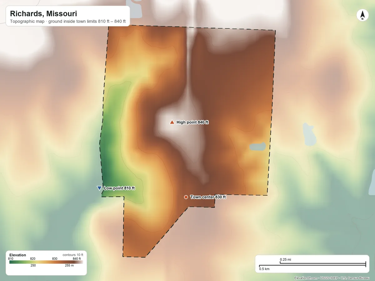 Topographic elevation map of Richards, Missouri, shaded from 810 ft on the west side to 840 ft on the north side