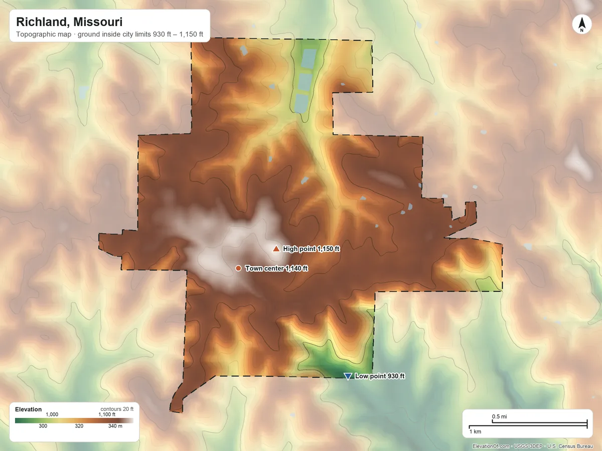 Topographic elevation map of Richland, Missouri, shaded from 930 ft on the southeast side to 1,150 ft near the middle