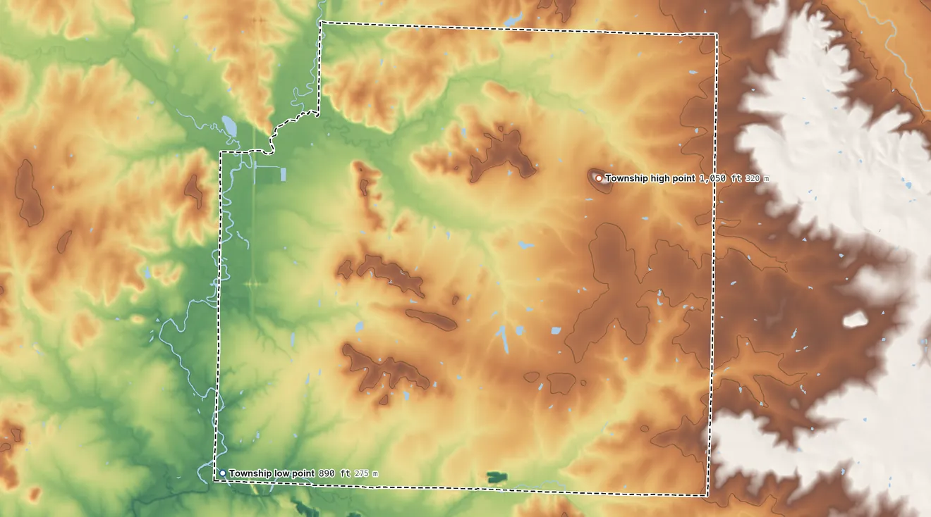Topographic elevation map of Richland Township, Barton County, Missouri, shaded from 890 ft on the southwest side to 1,050 ft on the east side