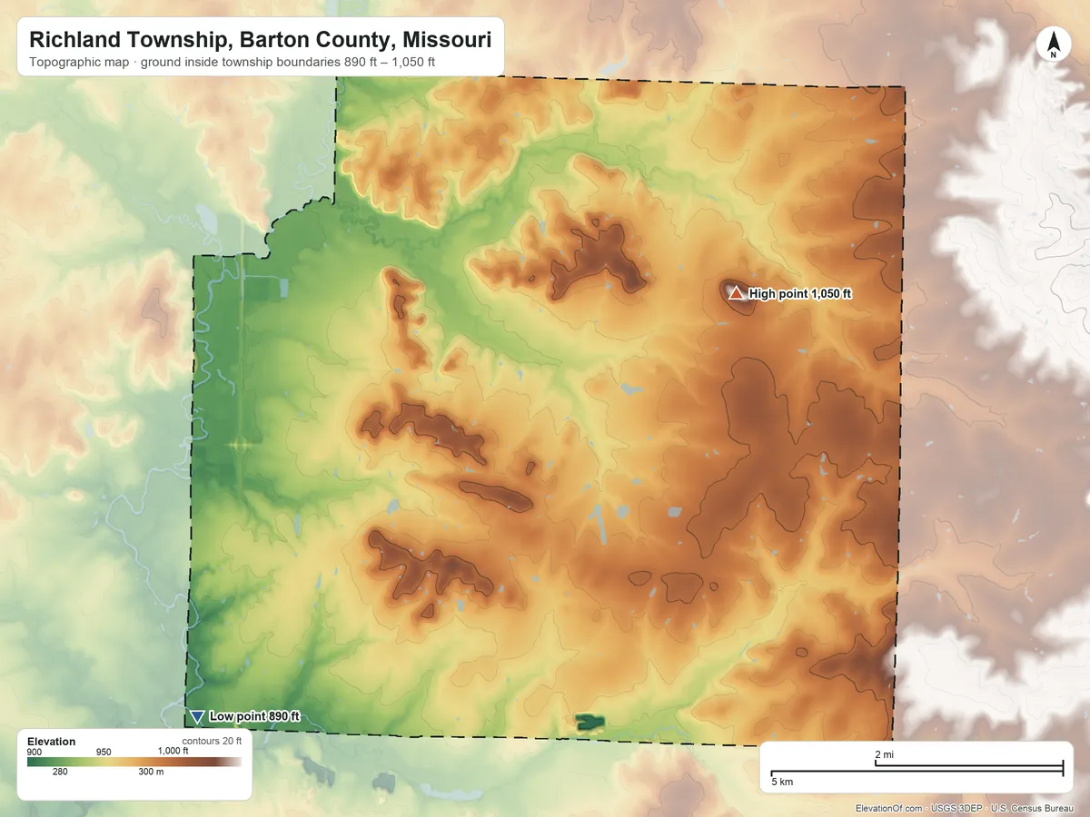 Topographic elevation map of Richland Township, Barton County, Missouri, shaded from 890 ft on the southwest side to 1,050 ft on the east side